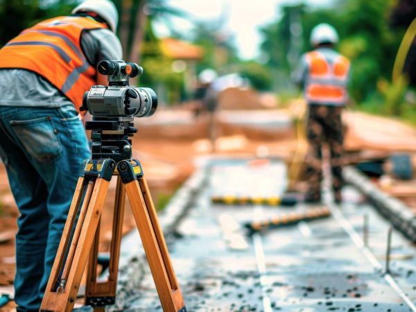 Un homme sur un chantier effectue des mesures avec un appareil