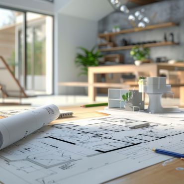 Bureau avec plans de chantier posé
