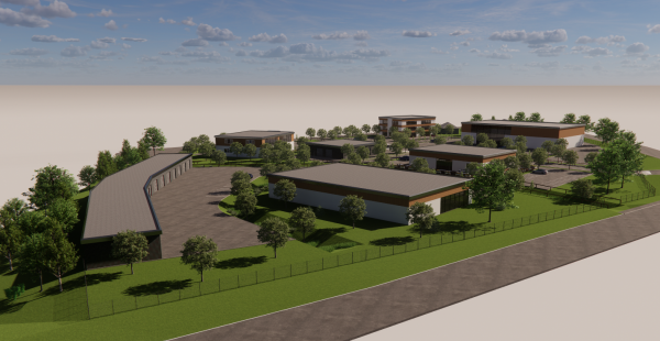 Plans en 3D d'un projet d'urbanisme, avec plusieurs bâtiments, des routes, des parkings et des espaces verts